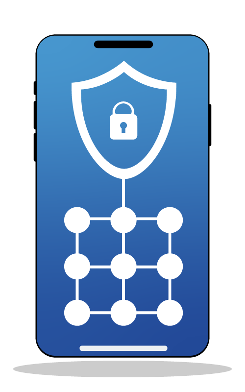 Téléphone avec un fond d’écran combinant un bouclier et un carré contenant neuf points, simulant un clavier de saisie pour un code d’accès.