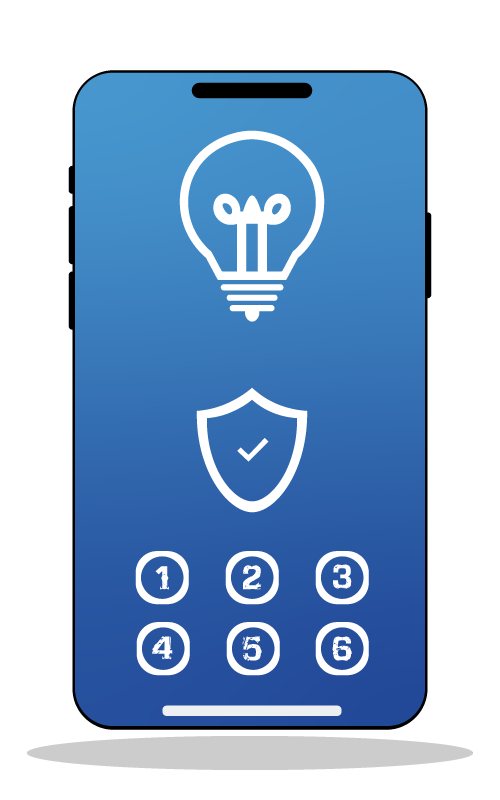 Téléphone affichant un fond d’écran incluant une ampoule, un bouclier, et un digicode numéroté de 1 à 6 pour symboliser l’innovation et la sécurité.