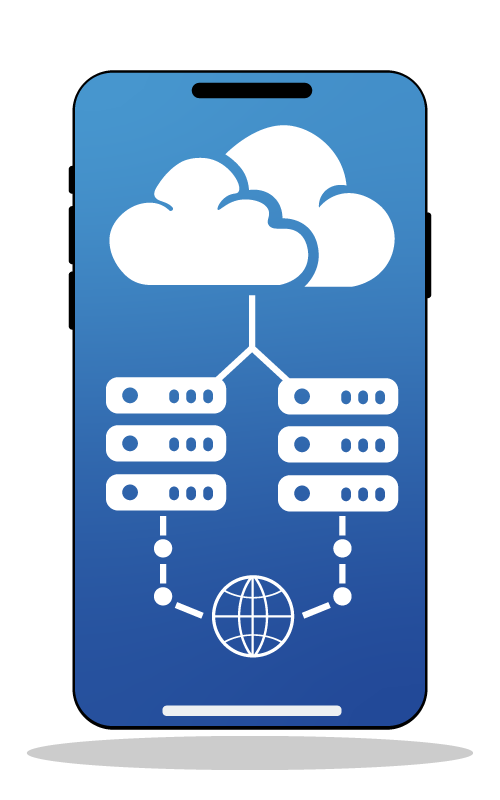 Téléphone avec un fond d’écran montrant un nuage, des serveurs, des utilisateurs et le symbole d’internet, tous reliés par de petites connexions pour évoquer le réseau et la connectivité.