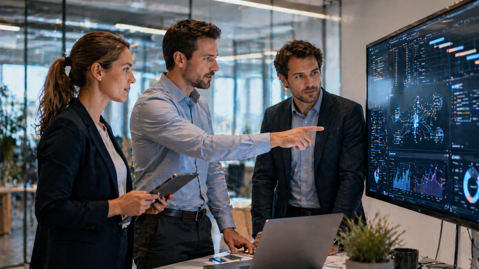 Équipe A2C Informatique en réunion d'analyse devant des tableaux de bord